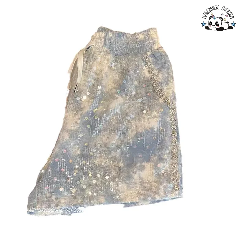 LEZONKIDS - Shorts curtos customizados com tingimento e lantejoulas em malha, estilo A-line para meninas, com cristais de ferro